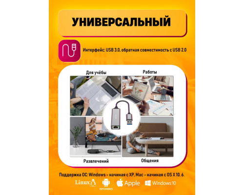 Сетевая карта USB 3.0 , RJ45, 1000Мбит/с LN05 GREY (10*15)