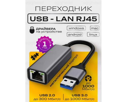 Сетевая карта USB 3.0 , RJ45, 1000Мбит/с LN05 GREY (10*15)