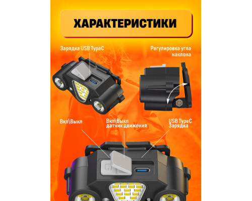 Налобный фонарь аккумуляторный SQ-872A (P40+SMD,TYPE-C,ДАТЧИК) (240)