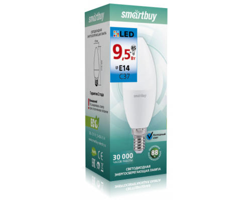 Светодиодная лампа C37-9,5W/6000/E14 холодный свет SMARTBUY