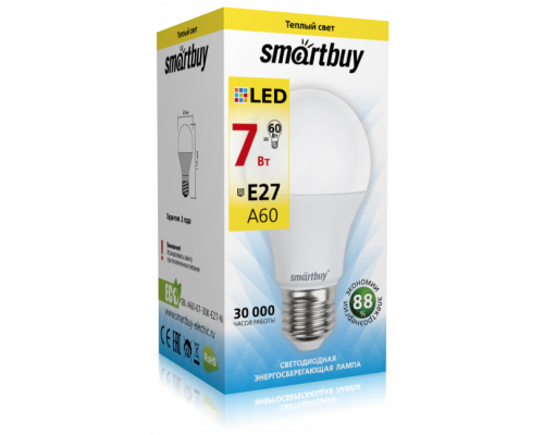 Светодиодная лампа A60-7W/3000/E27 теплый свет SMARTBUY