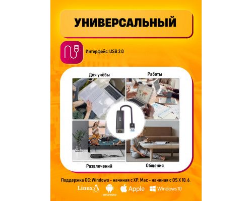 Сетевая карта USB 2.0, RJ45 + Хаб 3 порта 100Мбит/с LN06 BLACK (20*15)