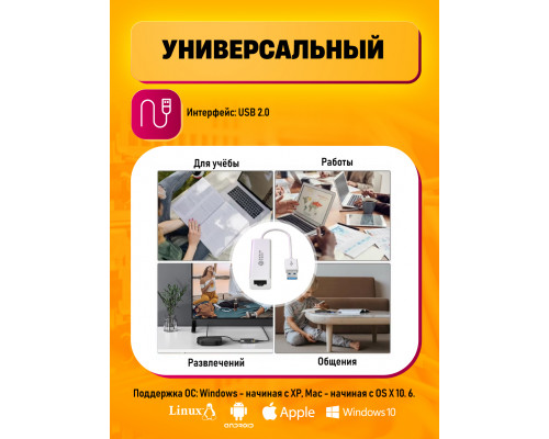 Сетевая карта USB 2.0, RJ45 + Хаб 3 порта 100Мбит/с LN06 WHITE (20*15)