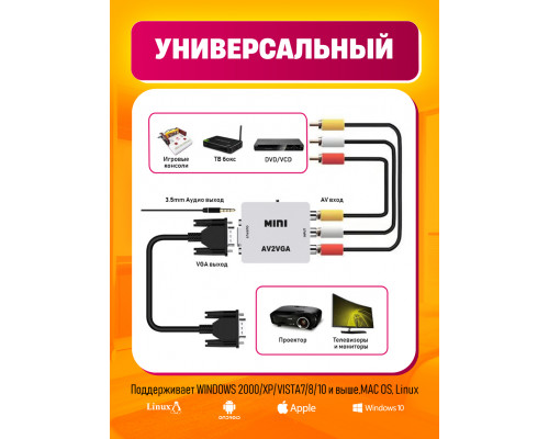 Переходник с AV (RCA тюльпаны) на VGA + аудио / конвертер H10 WHITE