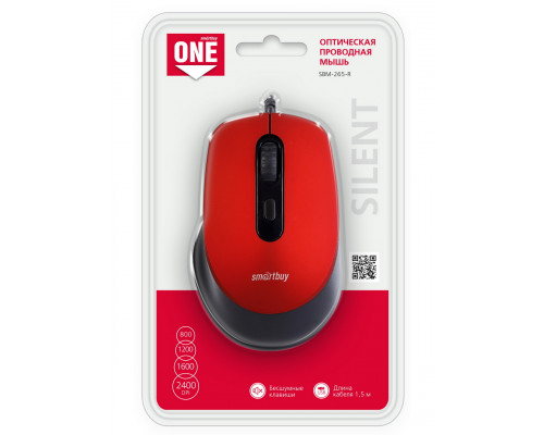 Мышь проводная беззвучная ONE 265-R (SBM-265-R) красная SMARTBUY