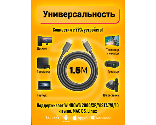 Кабель HDMI 2.0 4K H2 1.5M (19+1,OD8.0,CCS) 1PC/POLYBAG