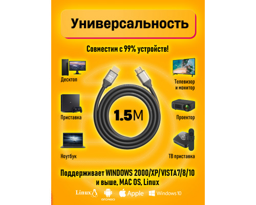 Кабель HDMI 2.0 4K M2 1.5M (19+1,OD8.0,CCS) 1PC/POLYBAG GREY