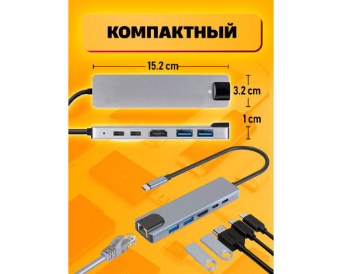 Type-C ХАБ MacBook HDMI +ETHERNET + TYPE-С + USB 3.0 HB43