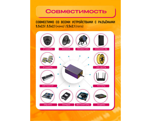 Блок S10 12V-3A 36W 1M (5.5x2.5mm) + насадки 5.5х2.1(m) 5.5x2.1 (f)