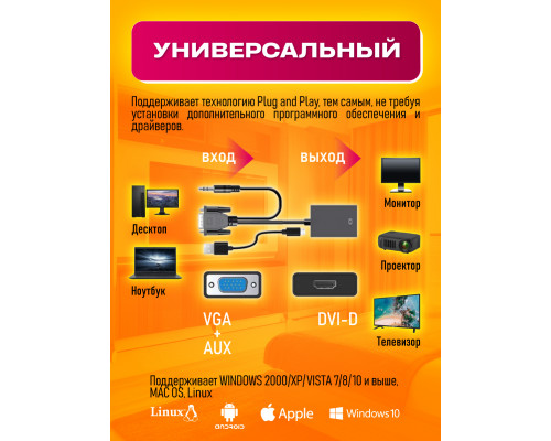 Кабель переходник VGA-HDMI со звуком и питанием AD4  1PC/POLYBAG