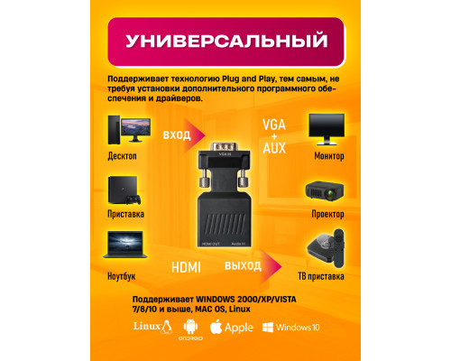 Переходник конвертер VGA - HDMI аудио jack 3.5 мм AD42 1PC/POLYBAG